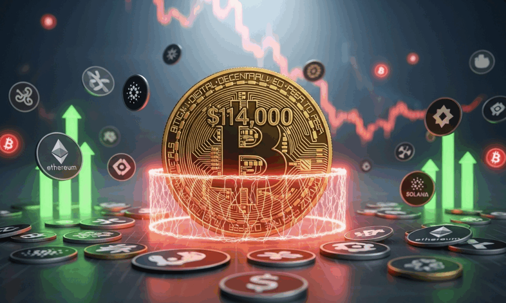 Bitcoin briefly broke $114,000 on inflation data and Fed rate-cut hopes before pulling back. Ethereum and altcoins show mixed moves as regulatory signals weigh.