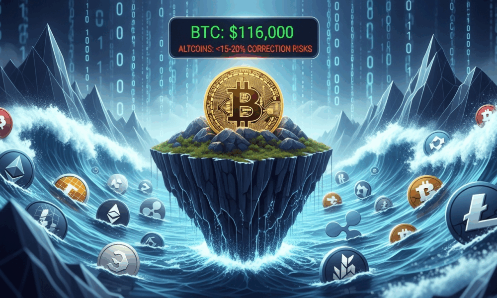 Bitcoin pulled back under $116K as markets wait on the Fed, while Solana, XRP, and Dogecoin face sharper pressure with 15–20% corrections possible.